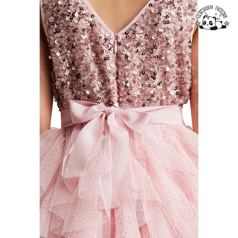 LEZONKIDS - Vestidos de Tule Sequins para Meninas com Desenhos Personalizados OEM Vestido de Princesa de Tule Sequins sem Mangas para Crianças